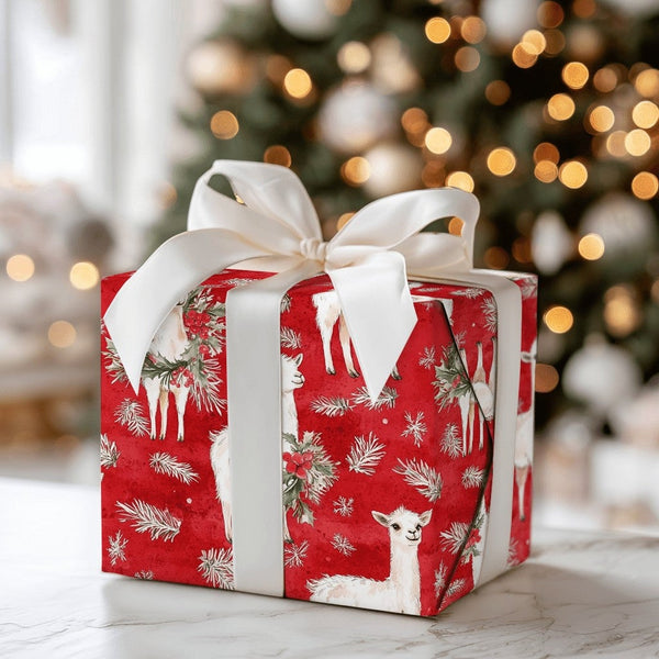 Red Holiday Animal Gift Wrap, Christmas Llama Wrapping Paper, Festive Wreath Llama Wrapping Paper Roll, Winter Snowflake Gift