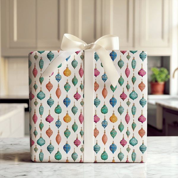Colorful Baubles Holiday Gift Wrap, Vintage Christmas Ornaments Wrapping Paper, Watercolor Retro Bauble Wrapping Paper, Festi