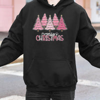 Merry Christmas Leopard Pattern Hoodie, Pink Leopard Christmas Tree Hoodie, Trendy Holiday Sweatshirt, Girly Adorable Xmas Pullover Present