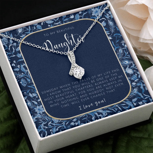 Cubic Zirconia Ribbon Pendant Necklace, To My Daughter Sparkling Ribbon Necklace, Birthday Christmas Jewelry from Mom and Dad