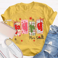 Custom Name Holiday Graphic Tee, Personalized Color Block Christmas T-Shirt, Matching Family Xmas Shirt, Festive Present Top