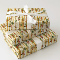 Gold Stripe Christmas Gift Wrap, Watercolor Holly Wrapping Paper, Vintage Berry Botanical Wrapping Paper, Holiday Present Wrapping Paper