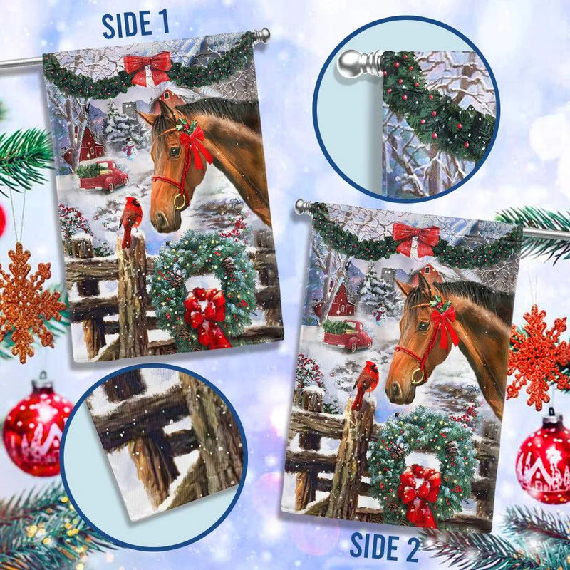 Snowy Winter Horse Scene Yard Flag, Christmas Horse Garden Flag, Wreath and Red Bow Garden Flag, Double Sided Equestrian Holiday Yard Decor