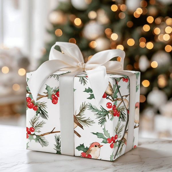 Watercolor Holly Berries Gift Wrap, Winter Birds Wrapping Paper, Christmas Wrapping Paper Roll, Nature Lover Festive Holiday 
