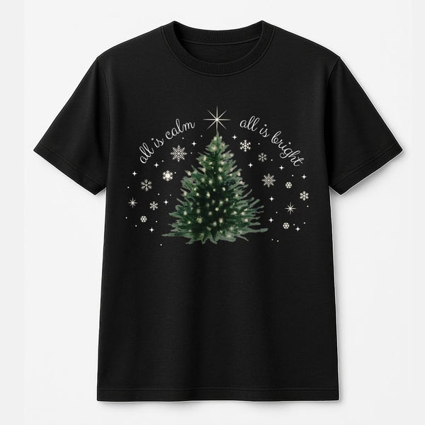 Watercolor Christmas Tree Graphic Tee, All Is Calm All Is Bright Shirt, Minimalist Holiday T-Shirt, Winter Tree Xmas Shirt, H