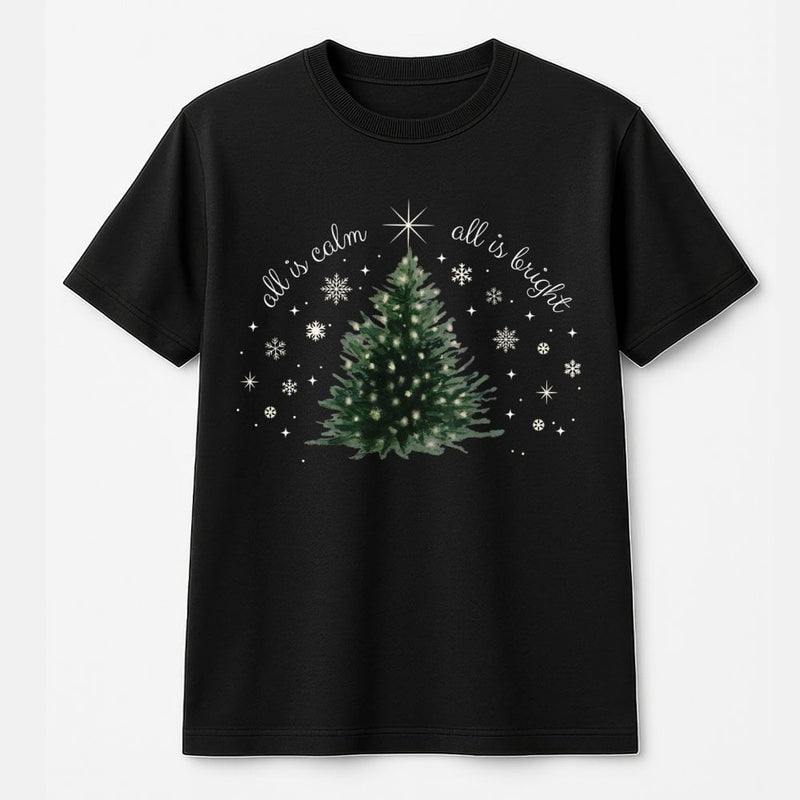Watercolor Christmas Tree Graphic Tee, All Is Calm All Is Bright Shirt, Minimalist Holiday T-Shirt, Winter Tree Xmas Shirt, Holiday Present Tee