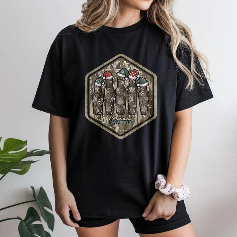 Camo Hunting Holiday Graphic Tee, Christmas Duck Call T-Shirt, Humorous Hunter Dad Xmas Shirt, Mallard Waterfowl Hunting Season Top