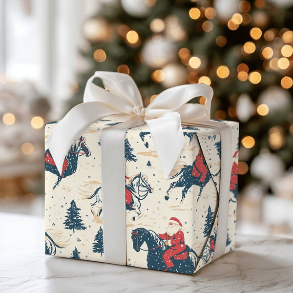 Vintage Western Holiday Gift Wrap, Santa on Horse Christmas Wrapping Paper, Rustic Santa Equestrian Wrapping Paper, Holiday G