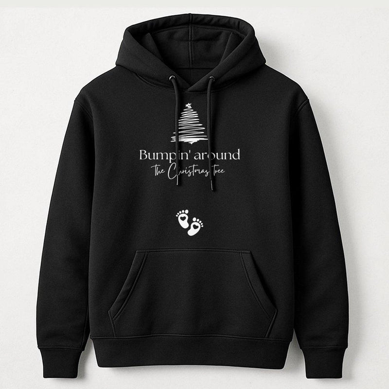 Adorable Holiday Pregnancy Reveal Hooded Sweatshirt, Bumpin' Around the Christmas Tree Hoodie, Mom to Be Baby Announcement Xmas Sweater