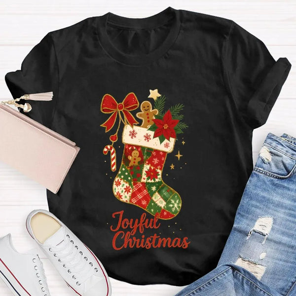 Retro Festive Pattern Tee, Christmas Bows and Holiday Socks Shirt, Adorable Christmas Graphic T-Shirt, Comfy Winter Holiday P