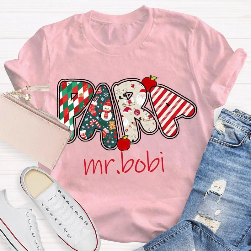 Custom Name Holiday Graphic T-Shirt, Personalized Christmas Apples Shirt, Adorable Xmas Teacher Fruit Tee, Festive Christmas Apple Shirt