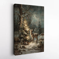 Deer Fawn Christmas Canvas Wall Art, Winter Forest Fawn Canvas Print, Vintage Forest Fawn Canvas Painting, Comfy Holiday Home Decor