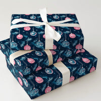 Retro Holiday Gift Wrap Roll, Pink Disco Ball Christmas Wrapping Paper, Navy Blue Pine Ornament Present Paper, Groovy Festive Gift Wrapping
