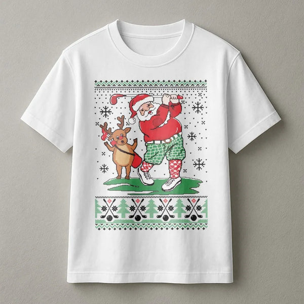 Reindeer Caddy Golf T-Shirt, Santa Golfing Christmas Shirt, Humorous Ugly Christmas Golf Tee, Retro Holiday Sports Shirt, Gol