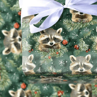Woodland Animal Gift Wrap, Raccoon Christmas Wrapping Paper, Adorable Watercolor Winter Wrapping Paper, Evergreen Holiday Gift Wrap, Xmas Paper