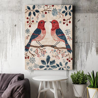 Folk Art Robins Canvas Print, Winter Birds Canvas Art, Snowflakes and Berries Wall Art, Rustic Holiday Canvas Decor, Christmas Nature Present