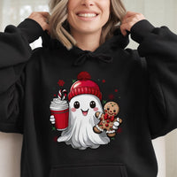 Gingerbread Man Winter Hooded Sweatshirt, Adorable Christmas Ghost Hoodie, Comfy Spooky Xmas Pullover, Kawaii Holiday Ghost Sweatshirt Present