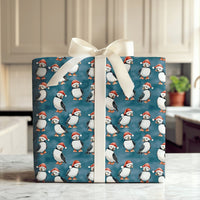 Adorable Santa Hat Bird Gift Wrap, Christmas Puffin Wrapping Paper, Teal Winter Holiday Wrapping Paper, Coastal Nature Lover Holiday Gift Wrap