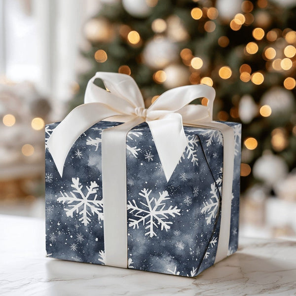 Deep Blue Night Sky Holiday Gift Wrap, Winter Snowflake Wrapping Paper, Watercolor White Snowflakes Wrapping Paper, Christmas