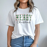 Pastel Buffalo Plaid Holiday Graphic Tee, Merry Christmas T-Shirt, Festive Winter Aesthetic Shirt, Adorable Family Xmas T-Shirt Present for Women