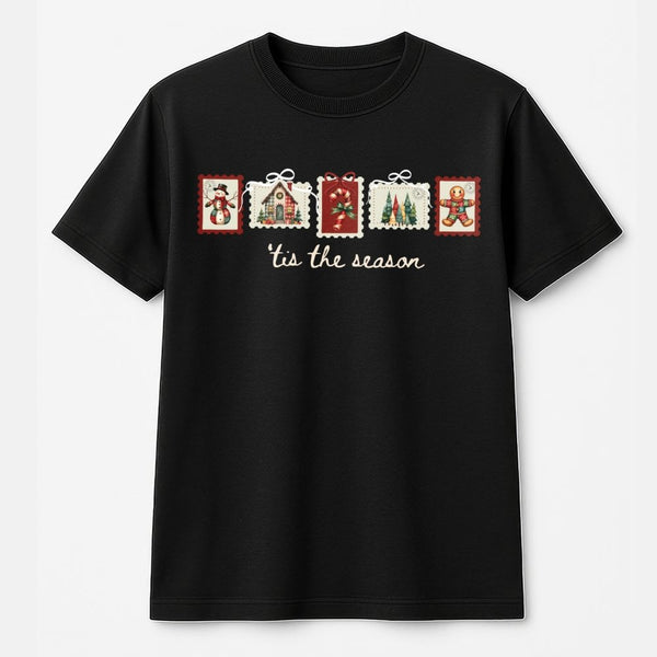 Retro Holiday Patchwork T-Shirt, Tis the Season Christmas Stamp T-Shirt, Vintage Xmas Graphic T-Shirt, Festive Winter Tee, Ch