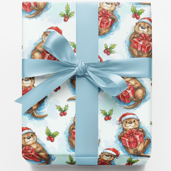 Watercolor Animal Santa Hat Gift Wrap, Adorable Otter Christmas Wrapping Paper, Whimsical Holiday Present Paper, Otter Lover 