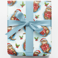 Watercolor Animal Santa Hat Gift Wrap, Adorable Otter Christmas Wrapping Paper, Whimsical Holiday Present Paper, Otter Lover Present Packaging