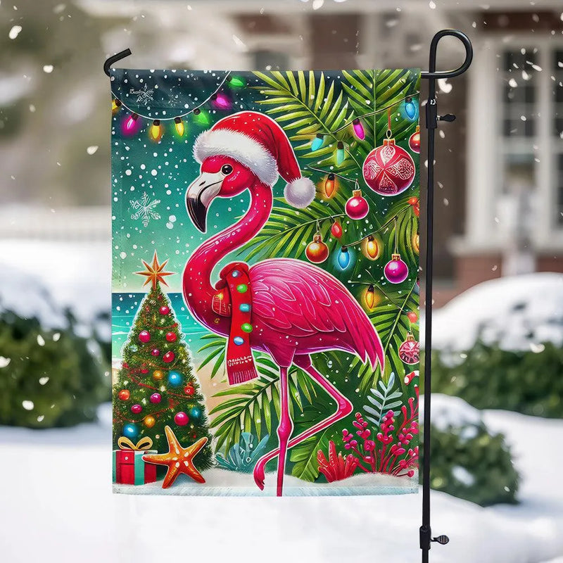 Santa Hat Tropical Beach Flag, Pink Flamingo Christmas Garden Flag, Double-Sided Holiday Yard Flag, Coastal Winter Outdoor Lawn Decor