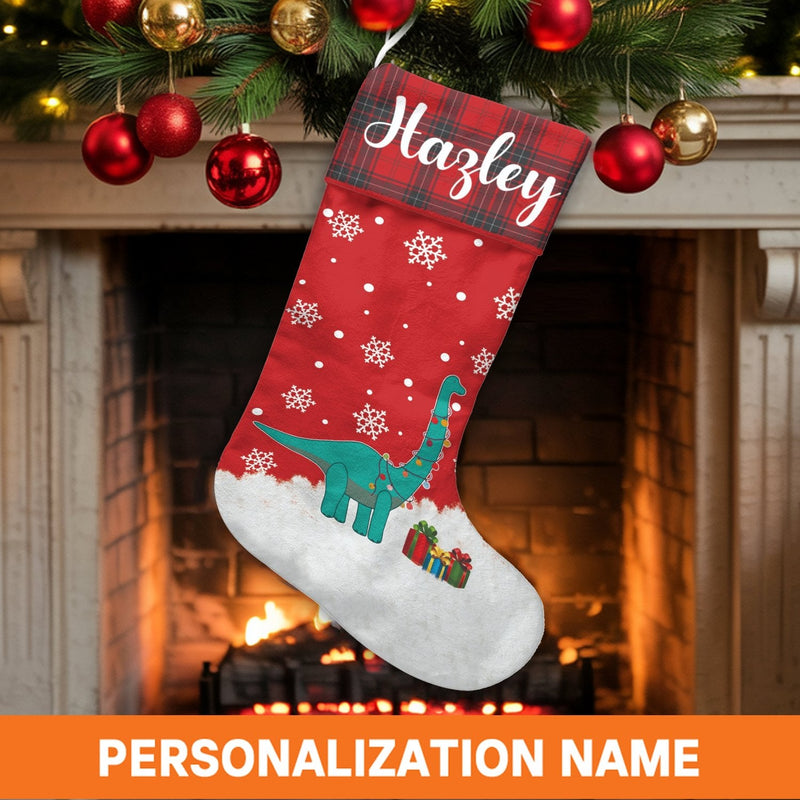 Plaid Cuff Holiday Dino Stocking, Personalized T-Rex Dinosaur Christmas Stocking, Custom Name Kids Xmas Stocking, Festive Family Room Decor