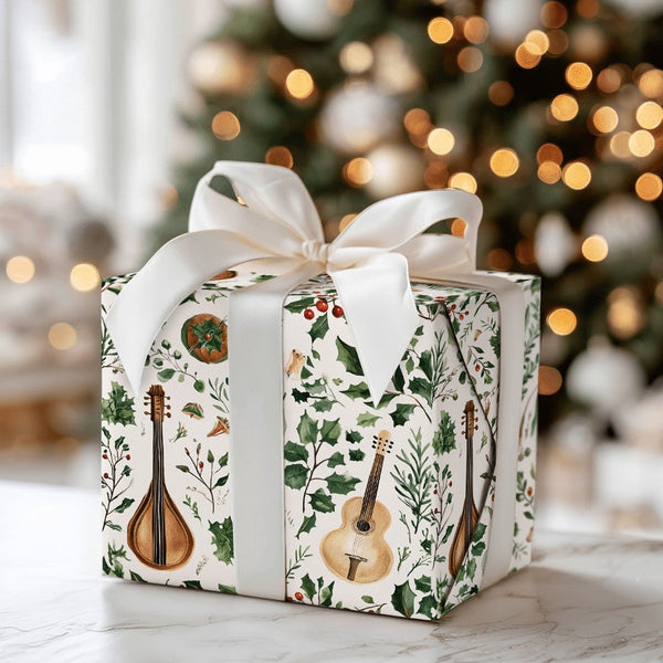 Musical Instrument Holiday Gift Wrap Roll, Watercolor Guitar Wrapping Paper, Vintage Lute Christmas Wrapping Paper, Music Lov