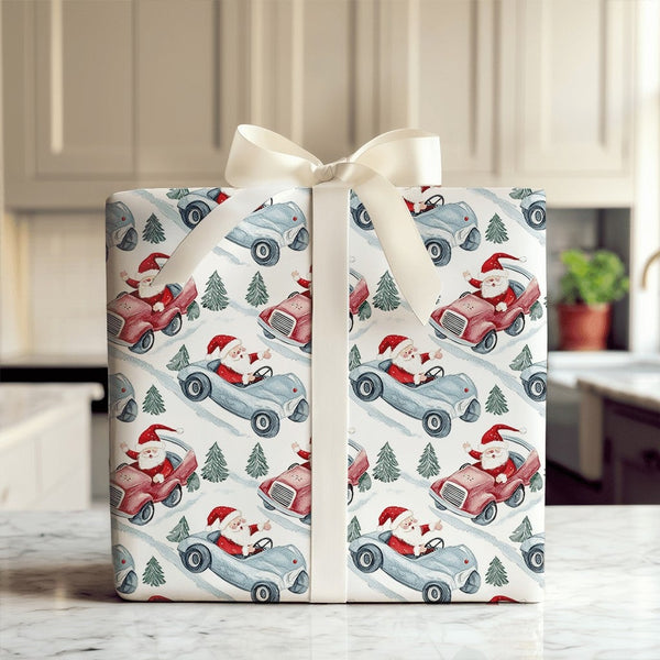 Retro Car Christmas Gift Wrap, Santa Vintage Race Car Wrapping Paper, Watercolor Auto Holiday Present Paper, Festive Xmas Gif