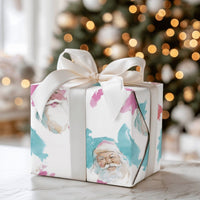 Pink and Teal Christmas Wrapping Paper, Watercolor Santa Wrapping Paper, Modern Santa Holiday Wrapping Paper Roll, Festive Present Gift Wrap