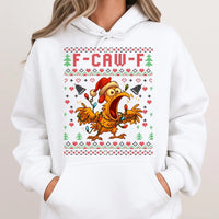 F-Caw-F Poultry Holiday Hoodie, Humorous Chicken Ugly Christmas Hoodie, Retro Chicken Xmas Hoodie, Hilarious Farm Animal Holiday Pullover