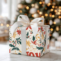 Poinsettia Floral Holiday Gift Wrap, Joy Christmas Wrapping Paper, Festive Typography Wrapping Paper, Xmas Present Wrap