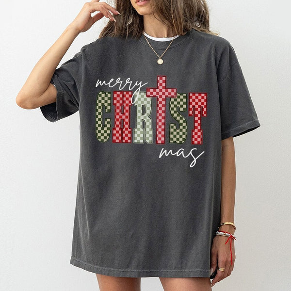 Christian Merry Christmas T-Shirt, Checkered Cross Christmas Shirt, Religious Holiday Graphic Tee, Retro Faith Christmas Shir