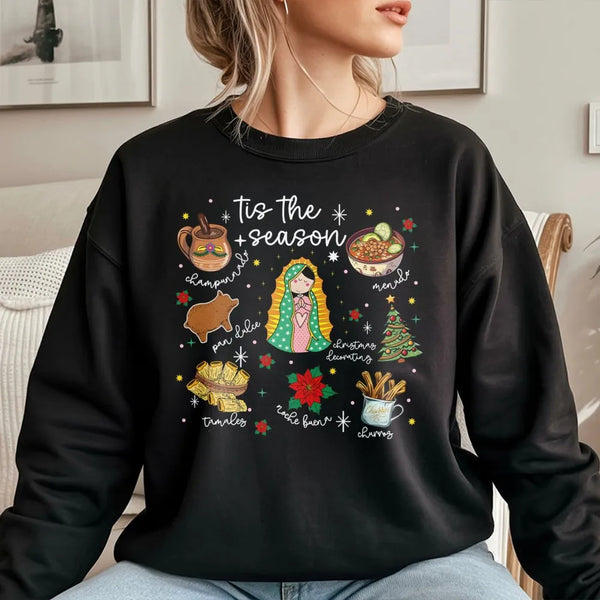 Virgen De Guadalupe Holiday Crewneck, Mexican Christmas Sweatshirt, Feliz Navidad Graphic Sweater, Latino Heritage Christmas 