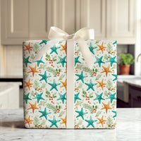 Coastal Christmas Wrapping Paper, Teal and Orange Starfish Wrapping Paper, Beach Holiday Botanical Wrapping Paper, Nautical Xmas Gift Wrap