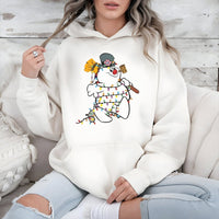 Festive Holiday Sweatshirt, Snowman Christmas Lights Hoodie, Adorable Winter Snowman Hooded Pullover, Xmas Graphic Sweater, Comfy Winter Present