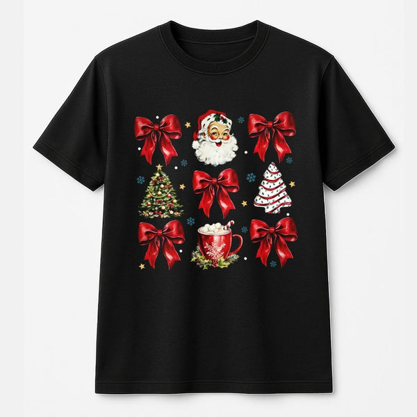 Retro Santa Cocoa Shirt, Christmas Bows Holiday T-Shirt, Adorable Winter Graphic Tee, Vintage Christmas T-Shirt, Womens Holid