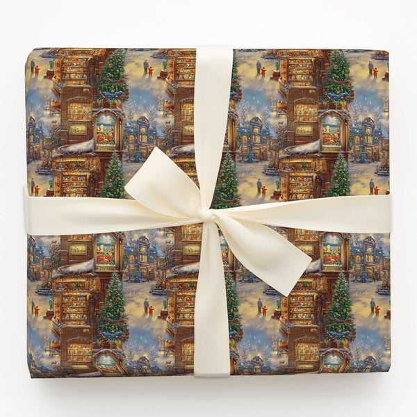 Snowy Village Street Holiday Gift Wrap, Vintage Toy Shop Christmas Wrapping Paper, Nostalgic Town Wrapping Paper