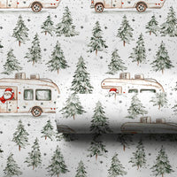 RV Road Trip Christmas Gift Wrap, Santa Camper Wrapping Paper, Watercolor Pine Forest Wrapping Paper