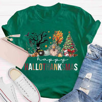 Halloween Fall Christmas Shirt, Hallothanksmas T-Shirt, Humorous Holiday Season Graphic Tee, Adorable Autumn Xmas T-Shirt, Present for Him and Her