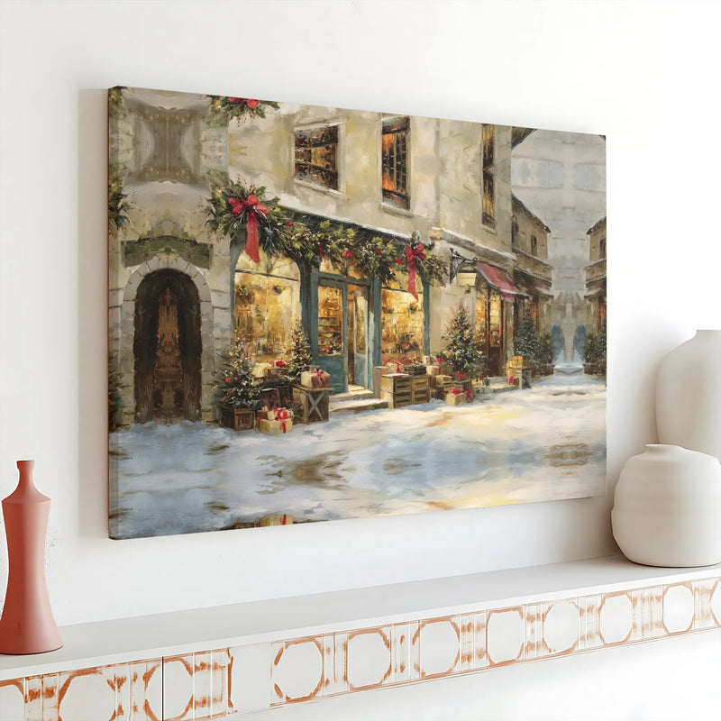 Snowy Storefront Holiday Wall Art, European Christmas Village Canvas, Vintage Winter Town Canvas Print, Comfy Xmas Street Scene Canvas Art