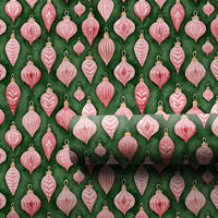 Retro Bauble Christmas Wrapping Paper, Pink Vintage Ornaments Wrapping Paper, Dark Green Holiday Gift Wrap, Watercolor Xmas Paper, Present Roll