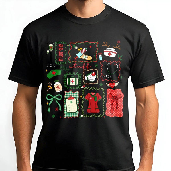Holiday Medical Supplies Graphic Tee, Christmas Nurse T-Shirt, Adorable Hospital RN Christmas Party Shirt, Healthcare Worker 