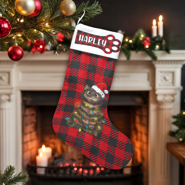 Red Buffalo Plaid Cat Stocking, Cat Christmas Stocking, Personalized Pet Christmas Stocking, Custom Cat Name Stocking, Holida