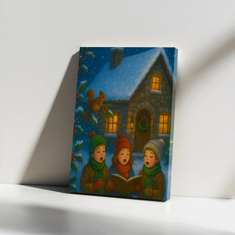 Snowy Stone Cottage Canvas Wall Art, Christmas Carolers Canvas, Vintage Holiday Caroling Kids Print, Storybook Winter Village Wall Decor