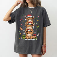 Adorable Farm Animal Holiday Graphic Tee, Stacked Highland Cow Christmas T-Shirt, Festive Winter Cattle Shirt, Xmas Graphic T-Shirt