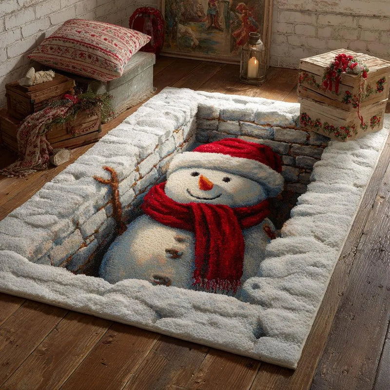 Christmas Optical Illusion Floor Rug, 3D Snowman Area Rug, Holiday Winter Carpet, Non-Slip Xmas Floor Mat, Festive Living Room Present