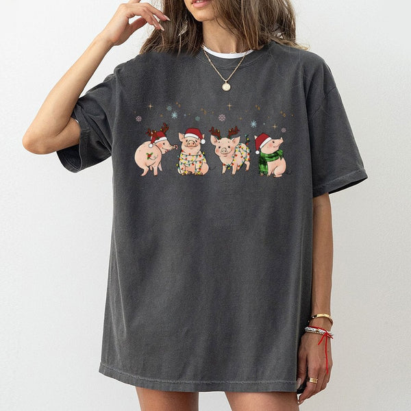 Adorable Christmas Pigs Graphic Tee, Merry Pigmas T-Shirt, Humorous Farm Animal Reindeer Shirt, Pig Lover Holiday T-Shirt, Fa